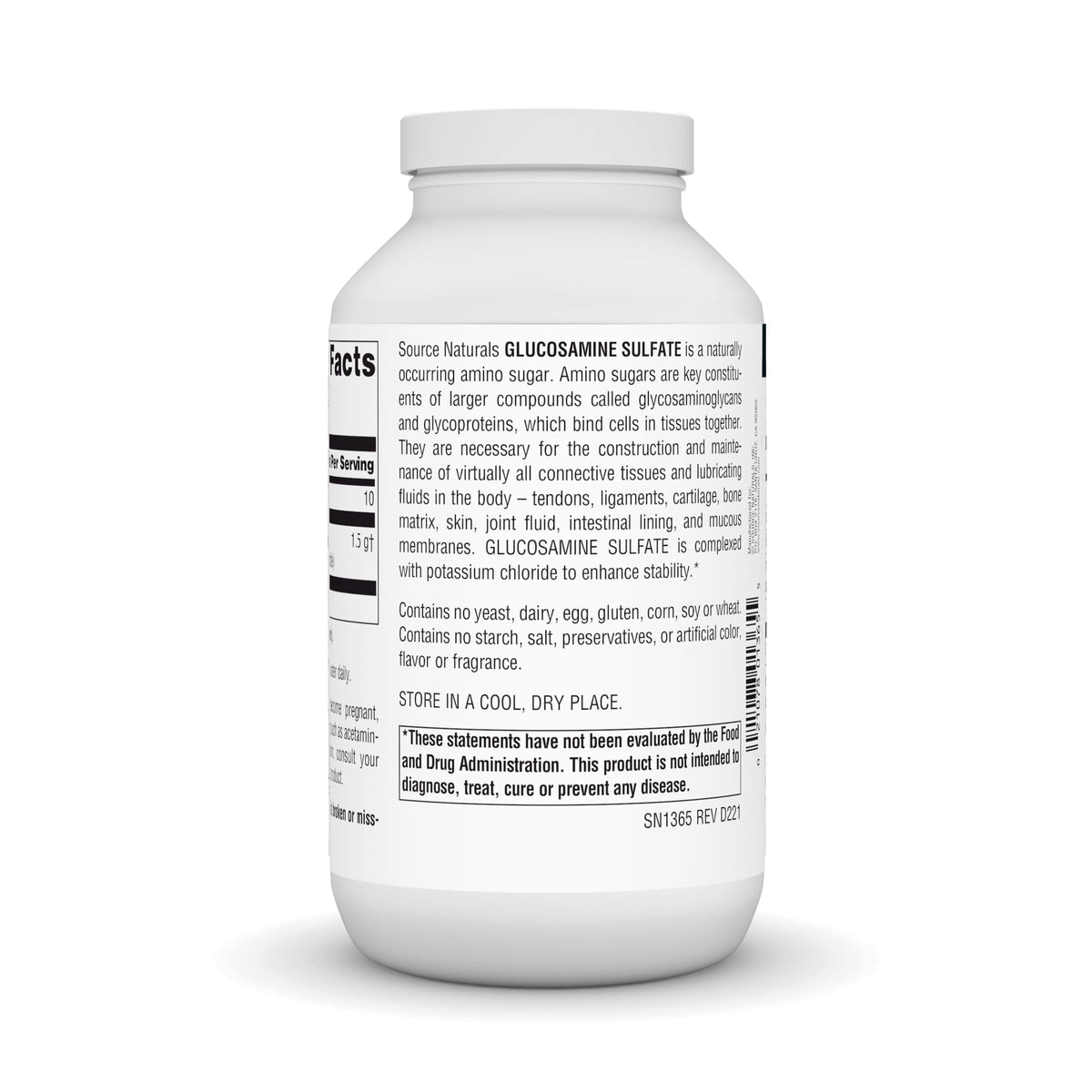 Source Naturals Glucosamine Sulfate 522g côté avec cuillère
