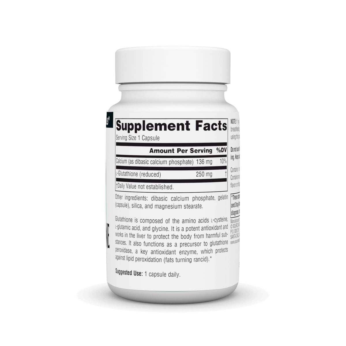 Source Naturals Glutathione Réduit 250 mg capsules en gros plan