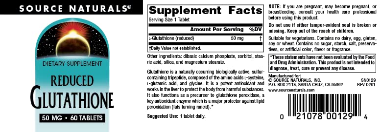 Source Naturals Glutathione Réduit 50 mg comprimés à côté d'un verre d'eau