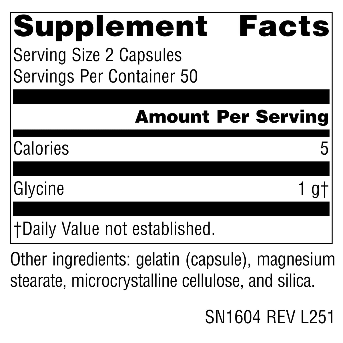 Source Naturals Glycine 500 mg capsules sur fond blanc