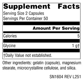 Source Naturals Glycine 500 mg capsules sur fond blanc