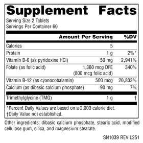 Source Naturals Homocysteine Defense 120 tablettes vue arrière avec informations nutritionnelles
