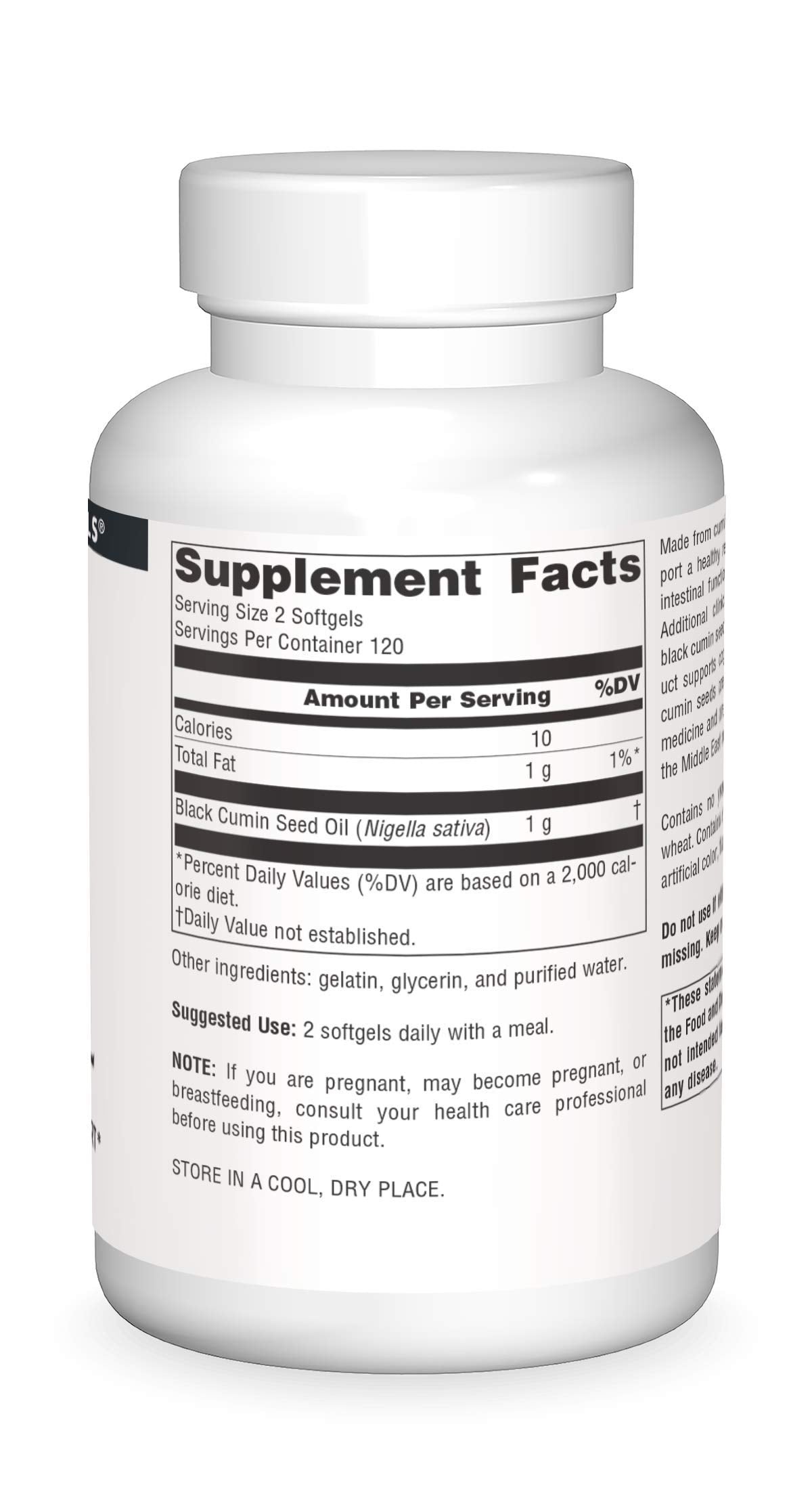 Source Naturals Huile de Graine de Cumin Noir 240 gélules - étiquette et informations