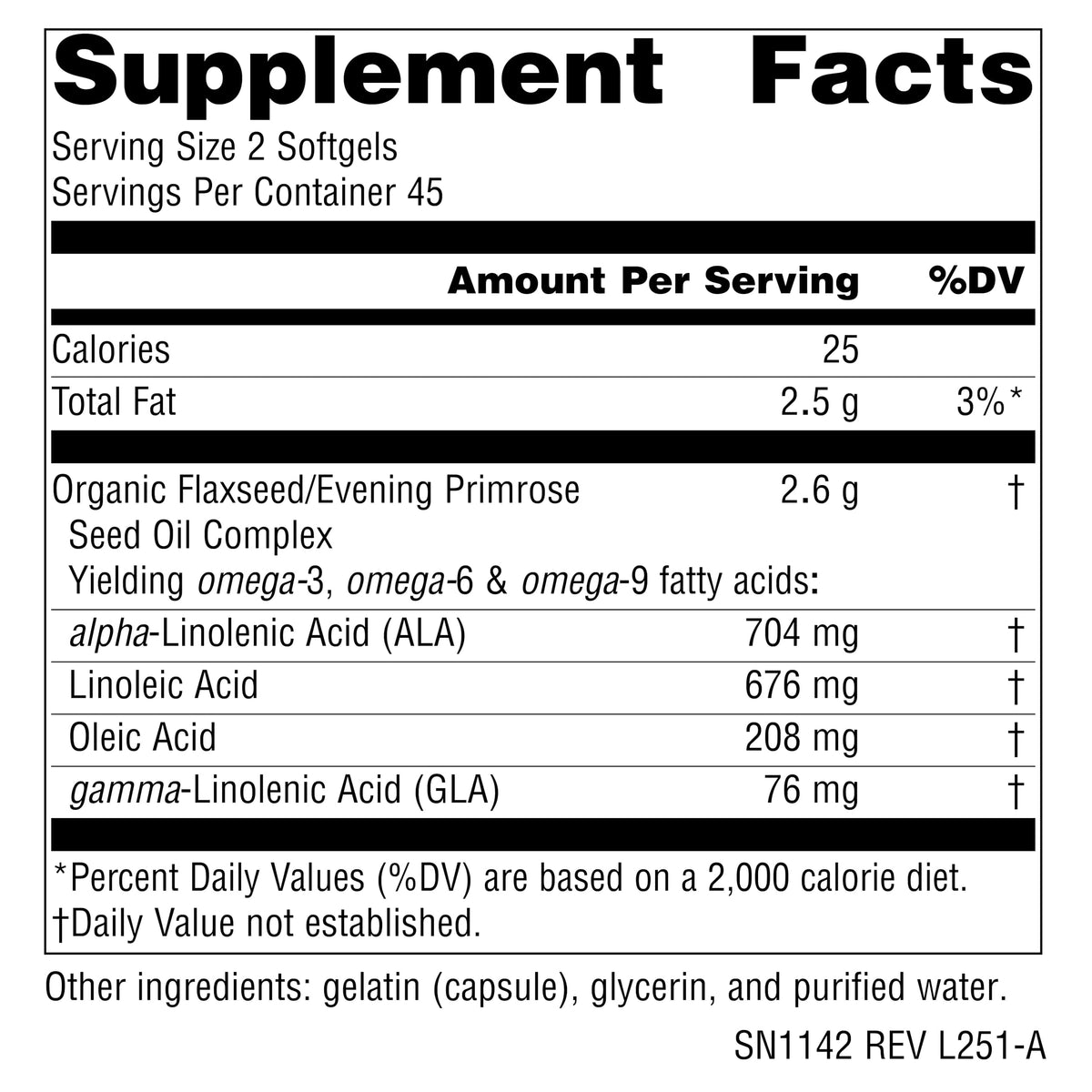 Source Naturals Huile de Graines de Lin et de Primevère 1300mg capsules side view