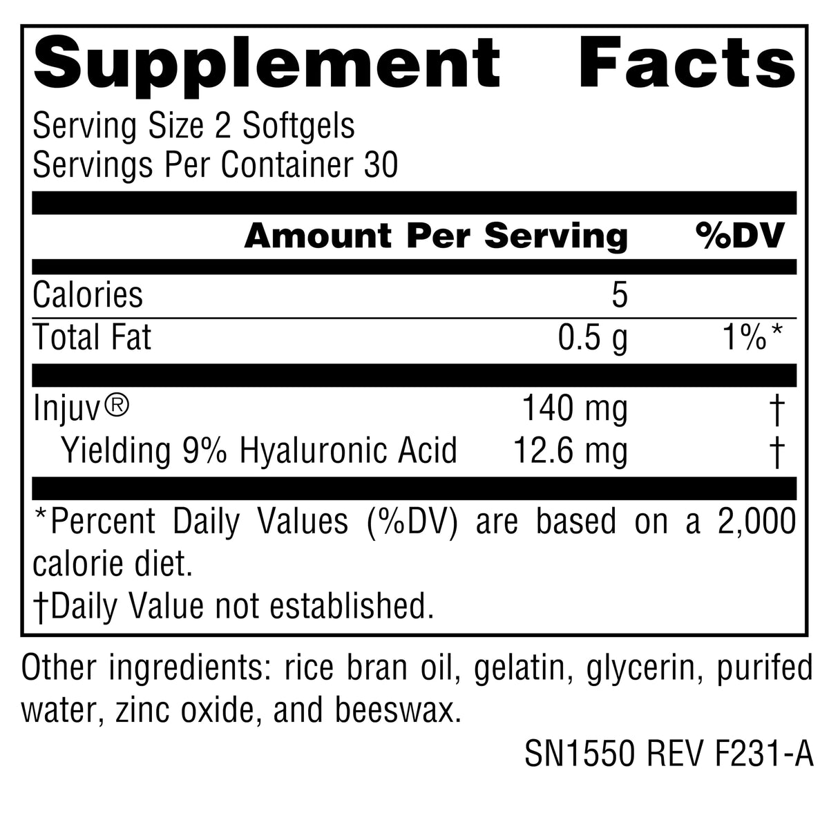 Source Naturals Injuv Acide Hyaluronique 70mg étiquetage arrière