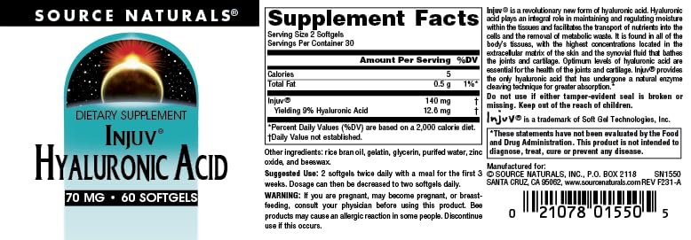 Source Naturals Injuv Acide Hyaluronique 70mg gélules sur une table