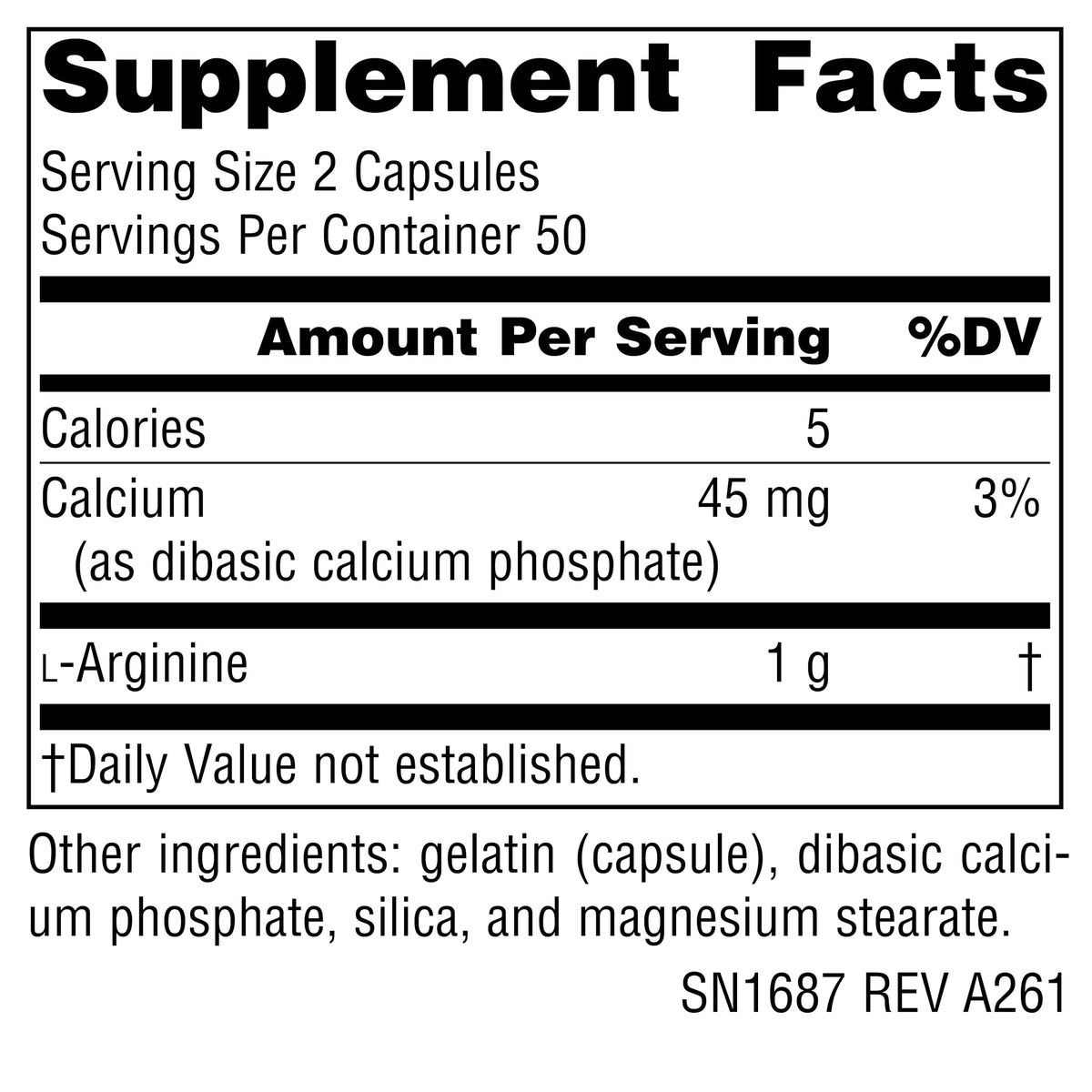 Source Naturals L-Arginine 500 mg gélules avec étiquette détaillée