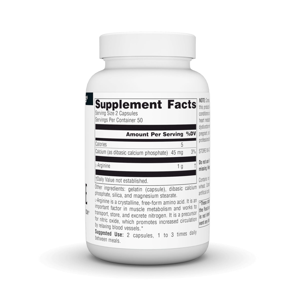 Source Naturals L-Arginine 500 mg gélules vue de côté
