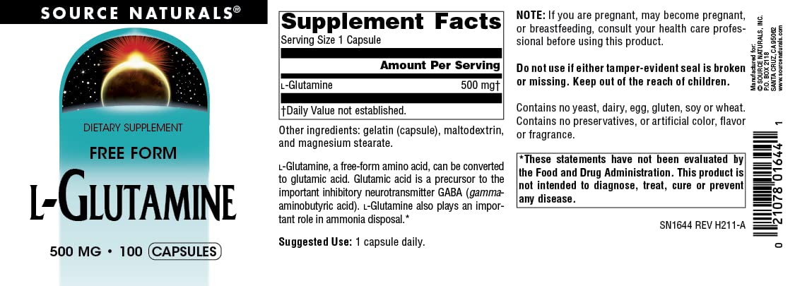 Source Naturals L-Glutamine capsules on a wooden surface