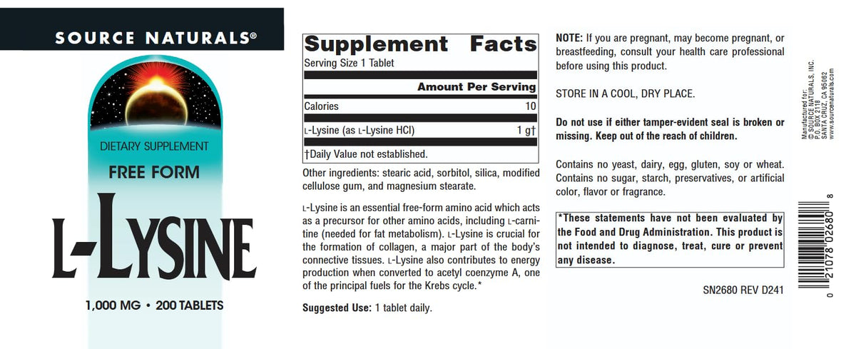 Source Naturals L-Lysine 1000 mg 200 comprimés avec étiquettes