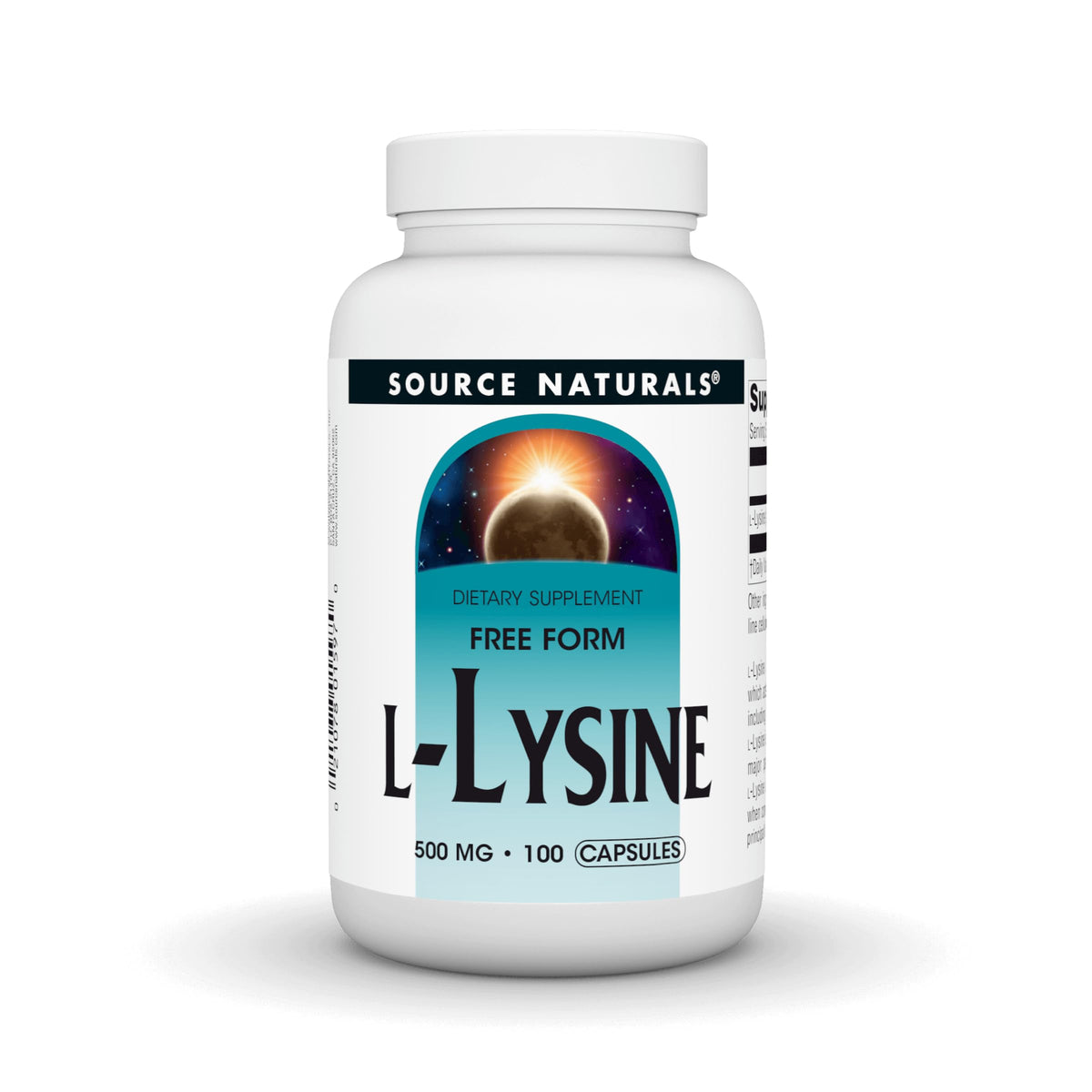 Source Naturals L-Lysine 500 mg capsules front view