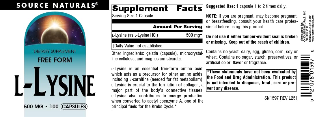 Source Naturals L-Lysine 500 mg capsules on a wooden surface