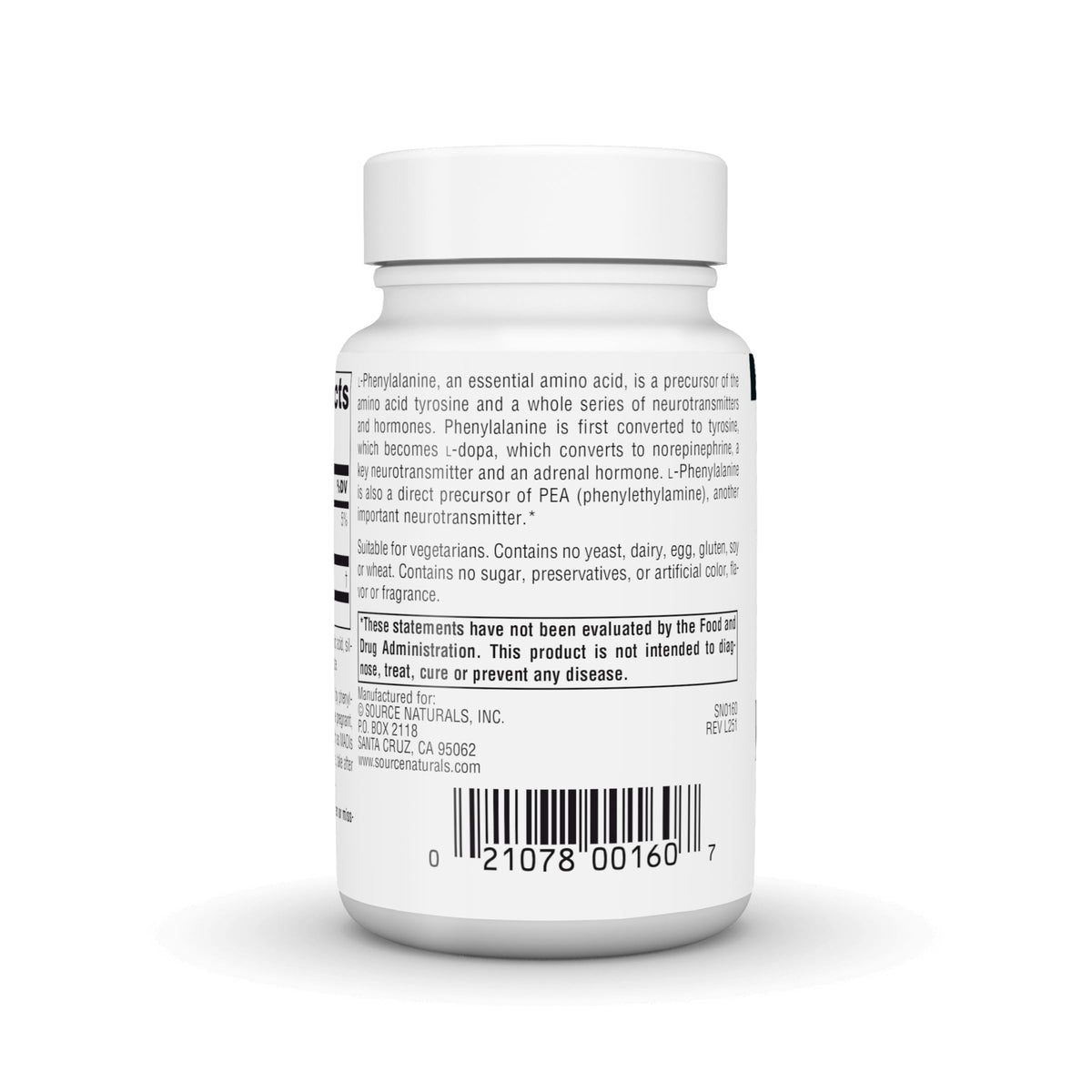 Source Naturals L-Phénylalanine 500 mg, vue de côté du flacon