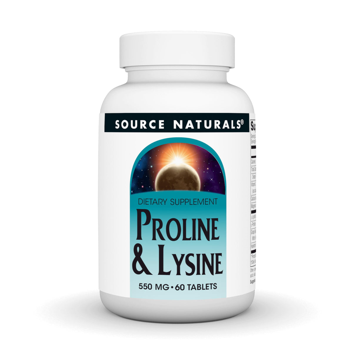 Source Naturals L-Proline & L-Lysine 550mg 60 comprimés vue de face