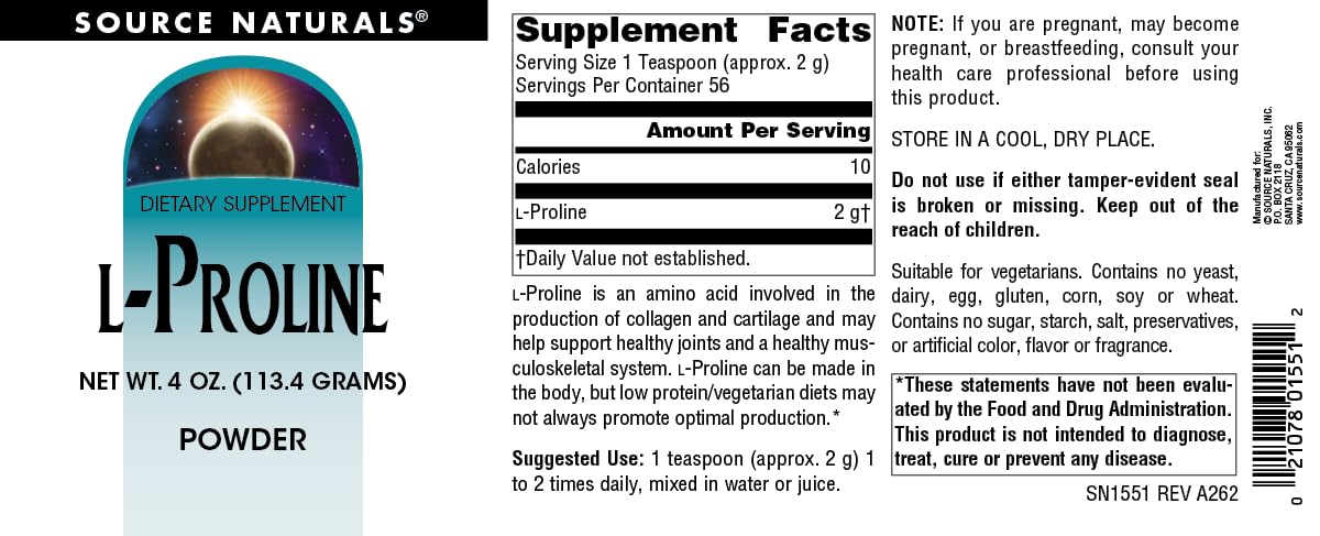 Source Naturals L-Proline sur une table avec un verre d'eau