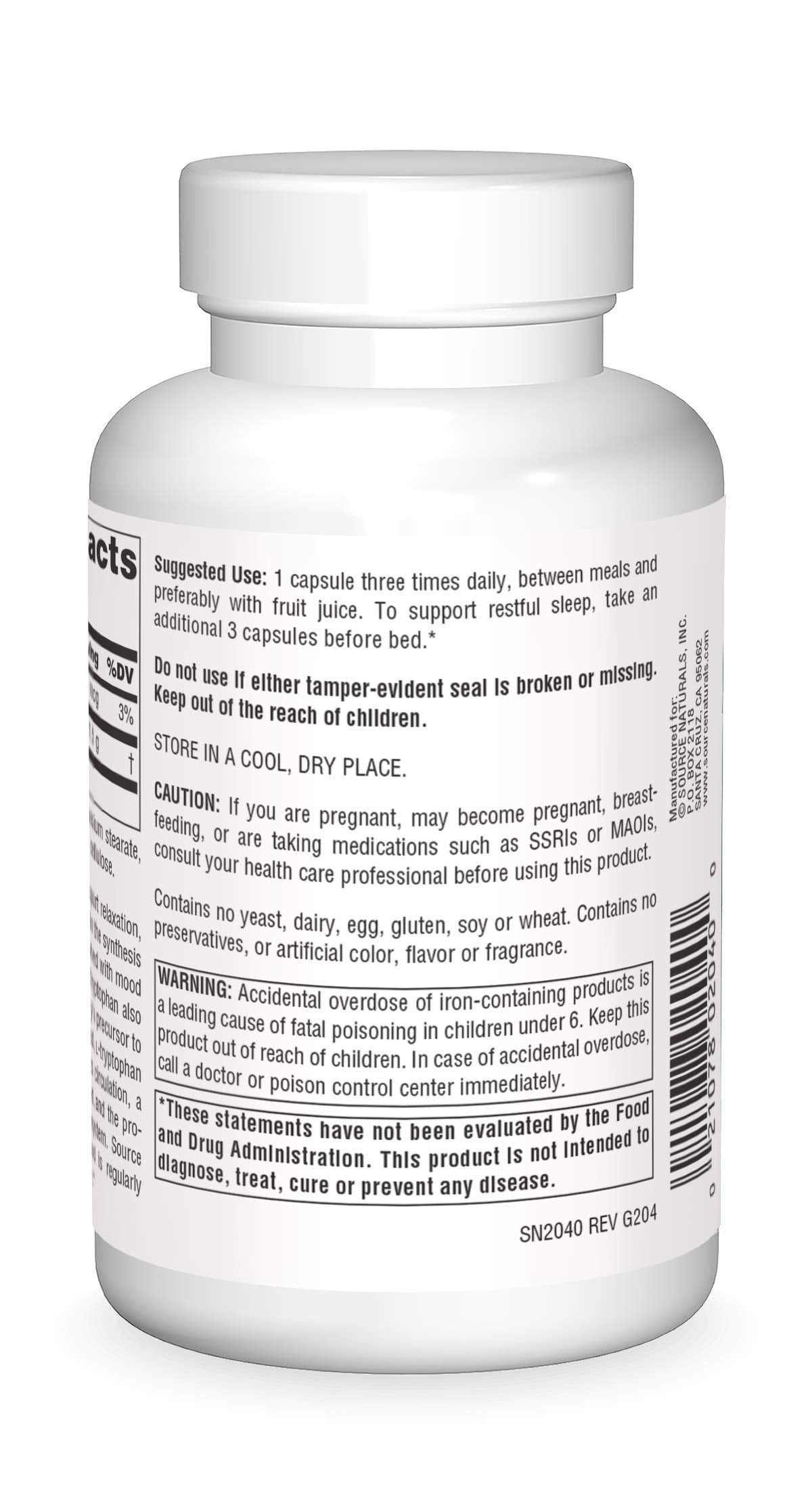 Source Naturals L-Tryptophan 500 mg 90 capsules vue arrière
