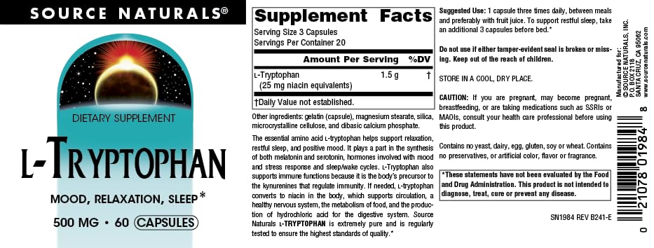 Source Naturals L-Tryptophan 500 mg avec jus de fruit