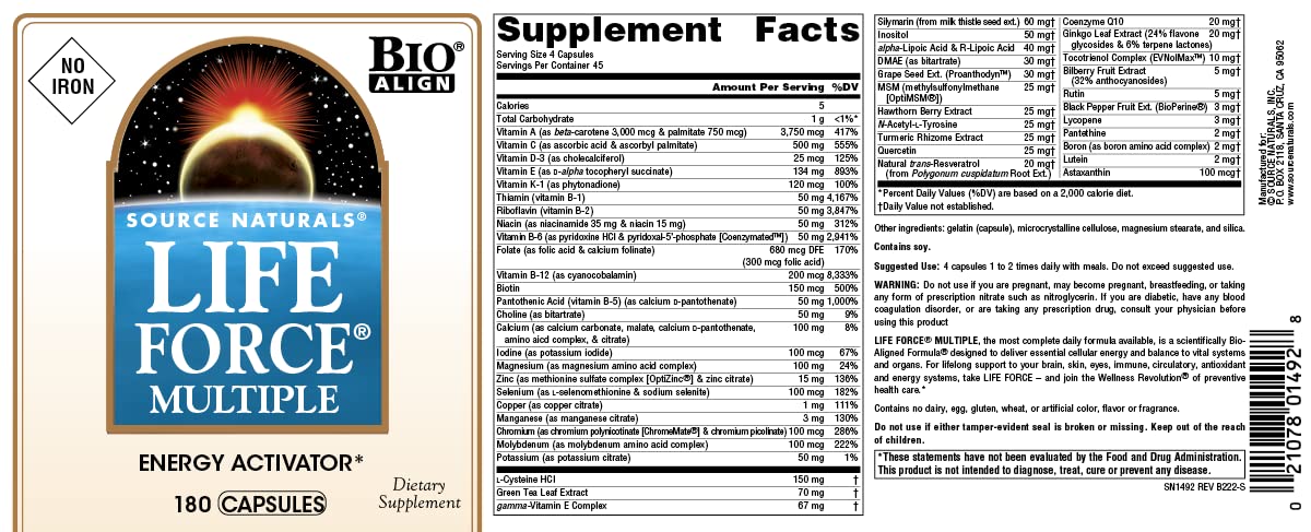 Source Naturals Life Force Multiple 180 Capsules, capsules ouvertes