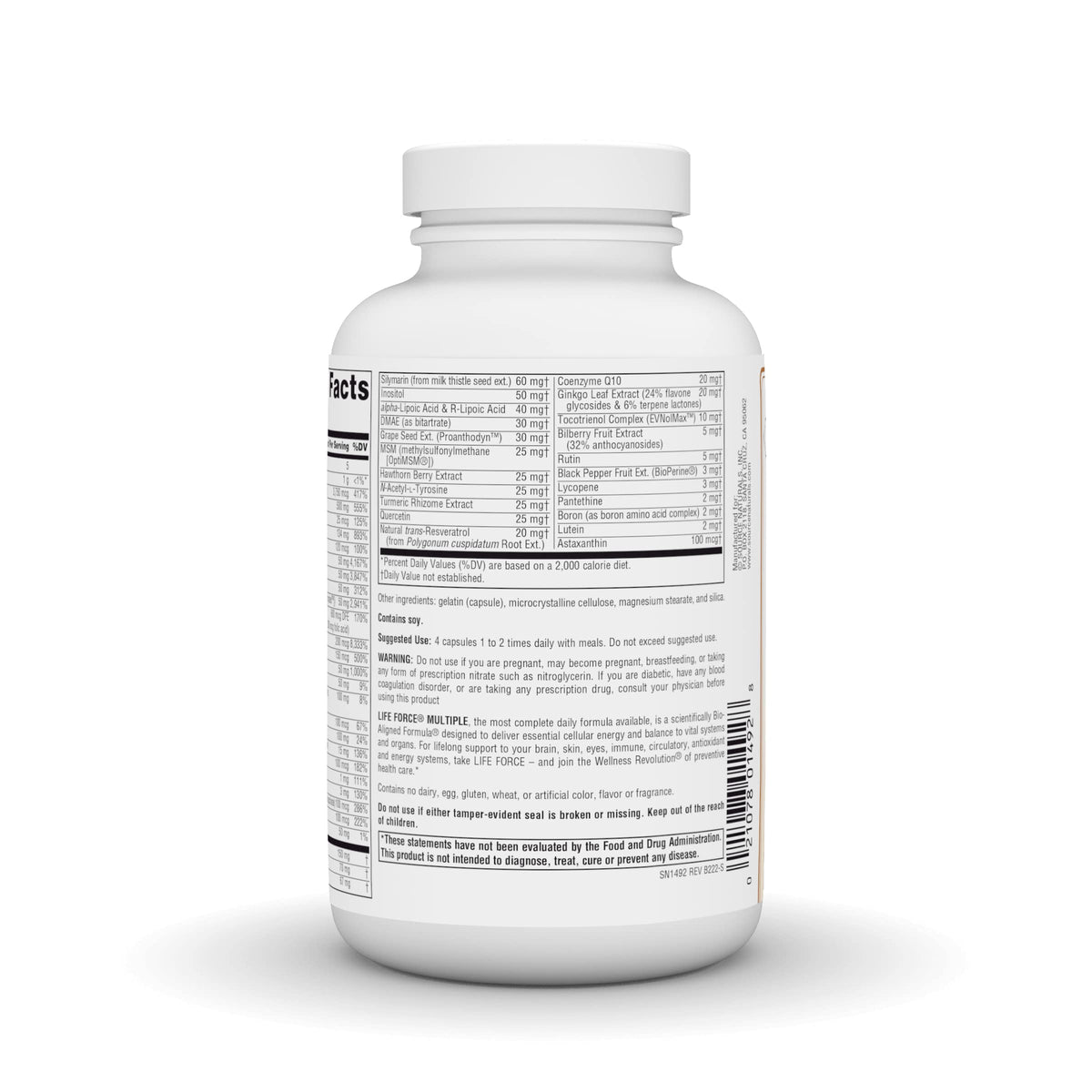 Source Naturals Life Force Multiple 180 Capsules, étiquette des ingrédients