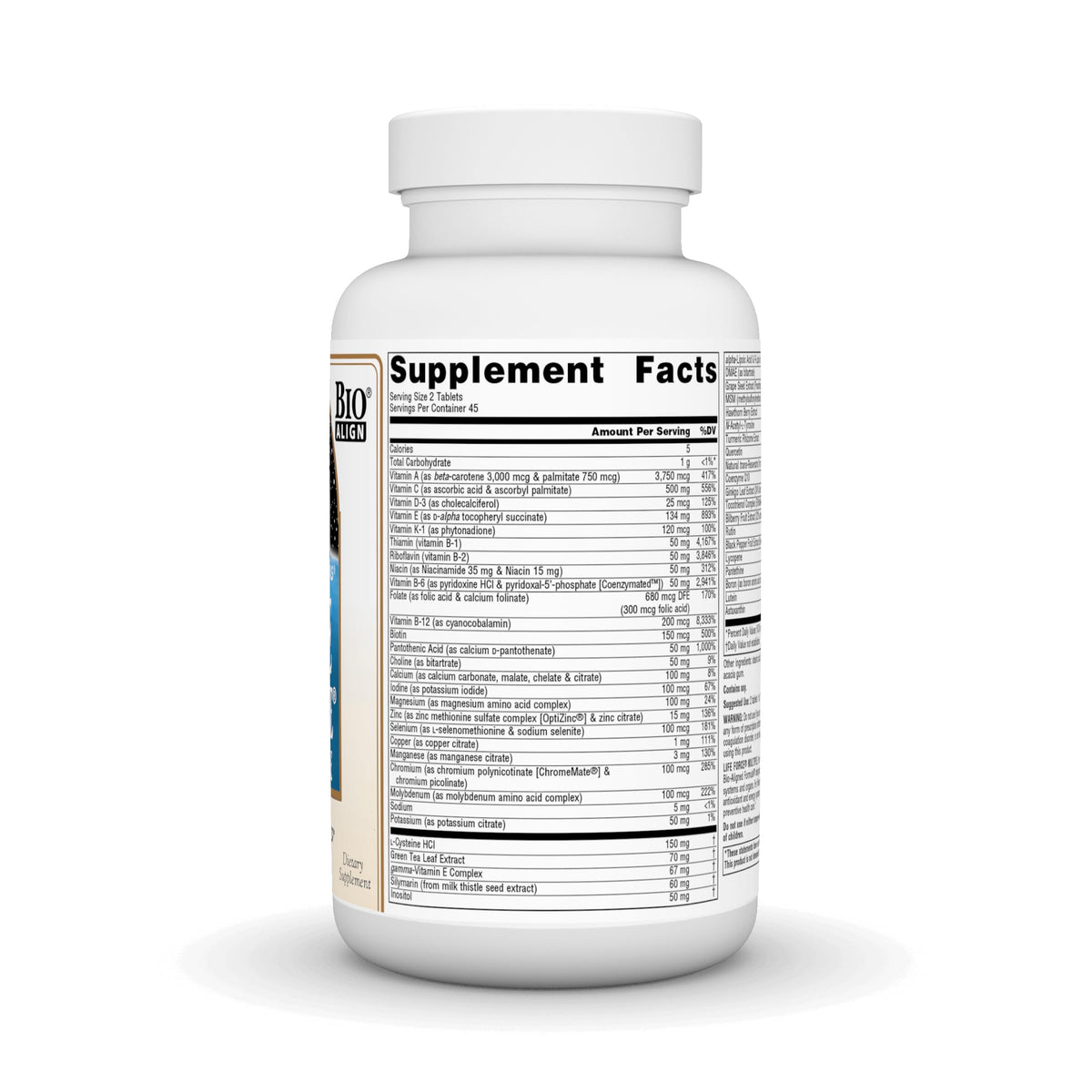 Source Naturals Life Force Multiple 90 comprimés, vue de dos avec informations nutritionnelles