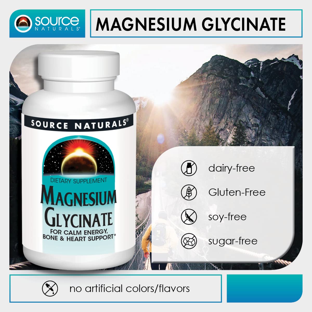 Source Naturals Magnésium Glycinate 180 comprimés à côté d'un verre d'eau