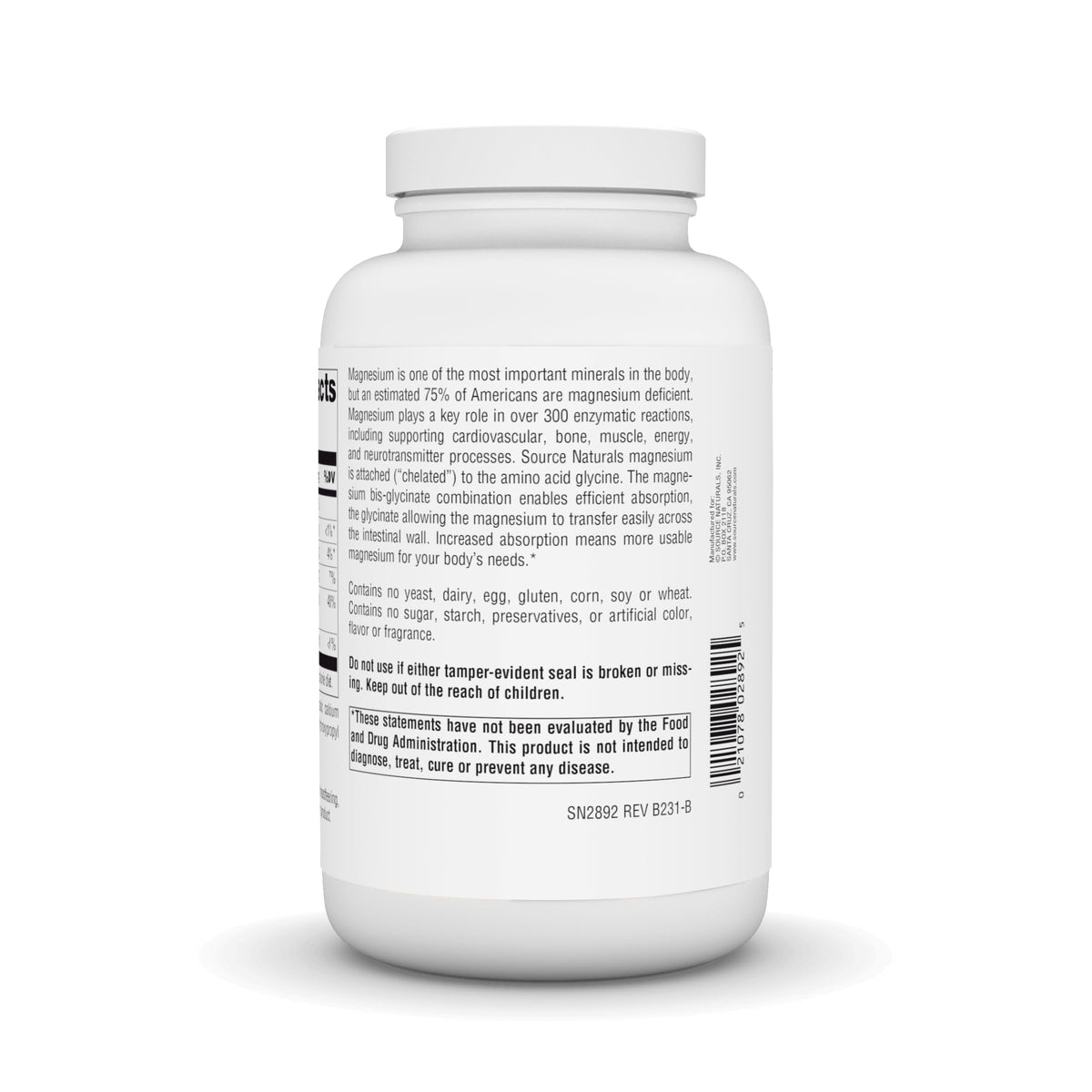 Source Naturals Magnésium Glycinate 180 comprimés avec étiquette