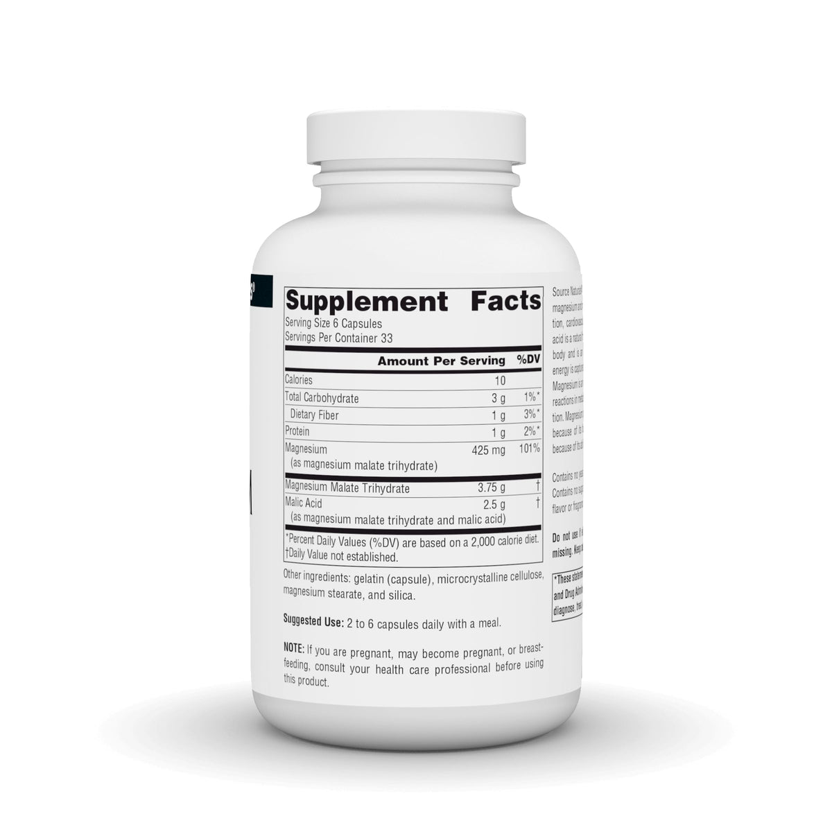 Source Naturals Magnésium Malate 200 capsules sur fond blanc