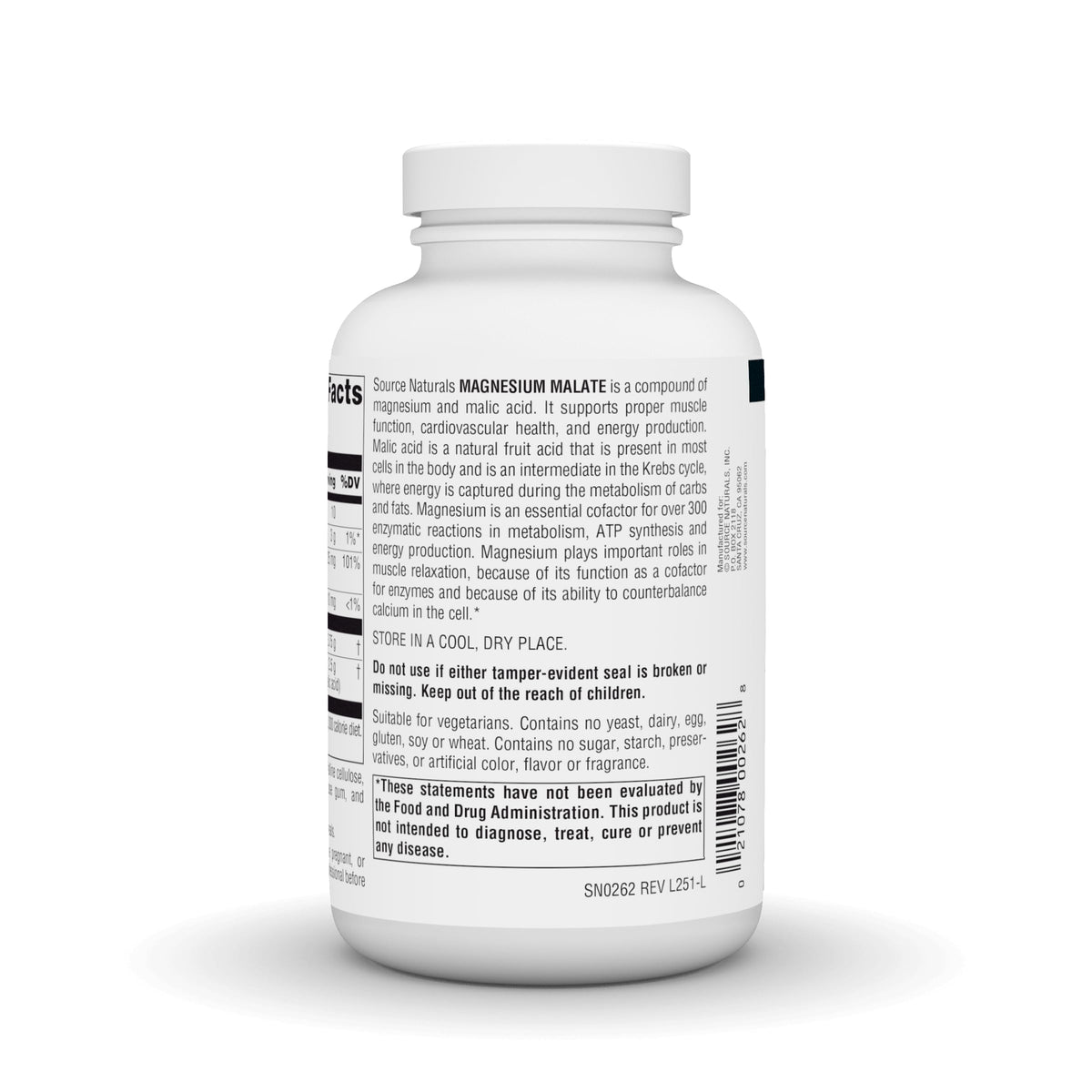 Source Naturals Magnésium Malate 3750 mg, comprimés en main