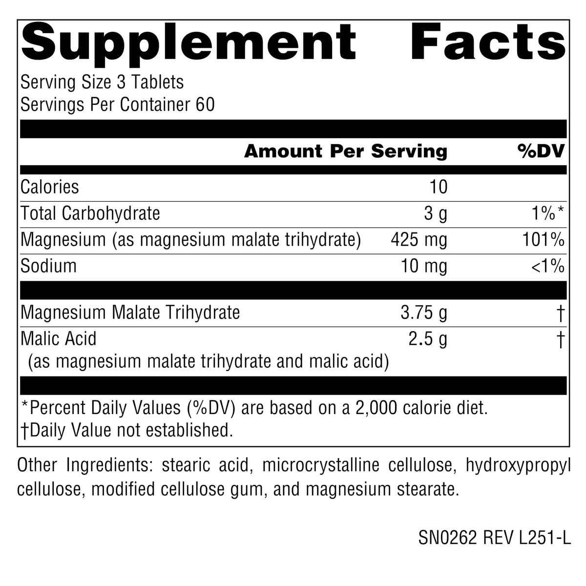 Source Naturals Magnésium Malate 3750 mg comprimés végétariens, côté de l'emballage