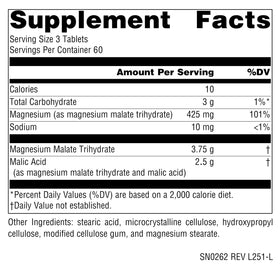 Source Naturals Magnésium Malate 3750 mg comprimés végétariens, côté de l'emballage