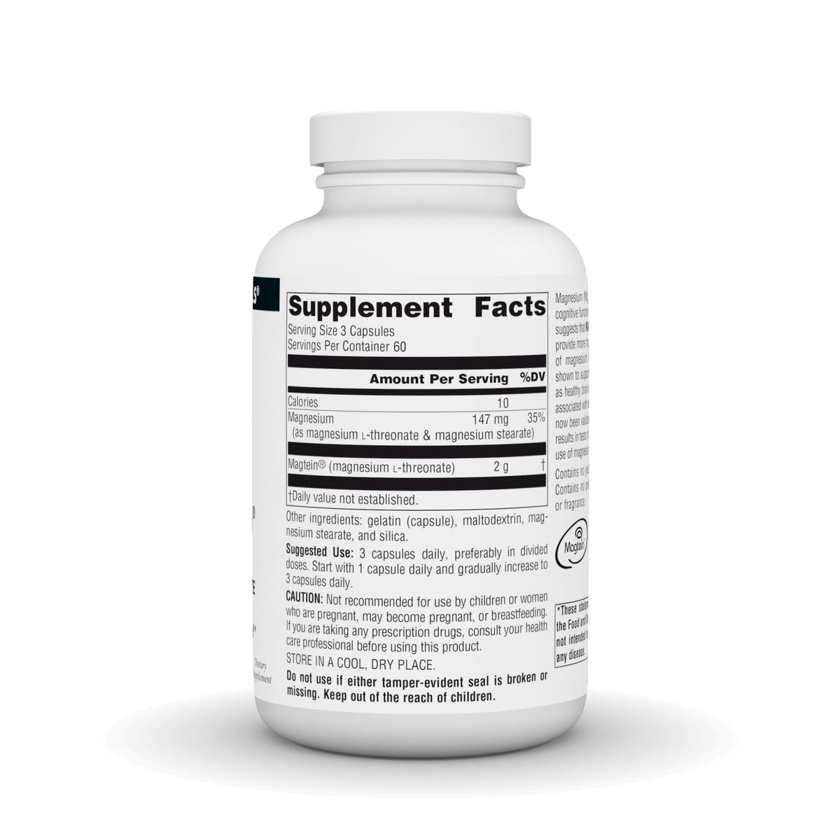 Source Naturals Magtein Magnésium L-Thréonate 667mg bouteille ouverte montrant les capsules