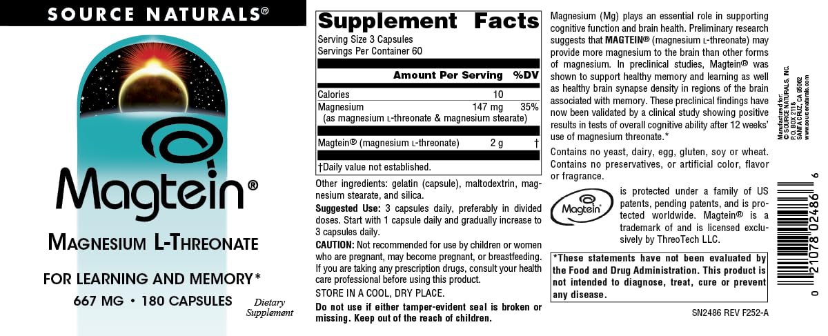 Source Naturals Magtein Magnésium L-Thréonate 667mg étiquette de la bouteille