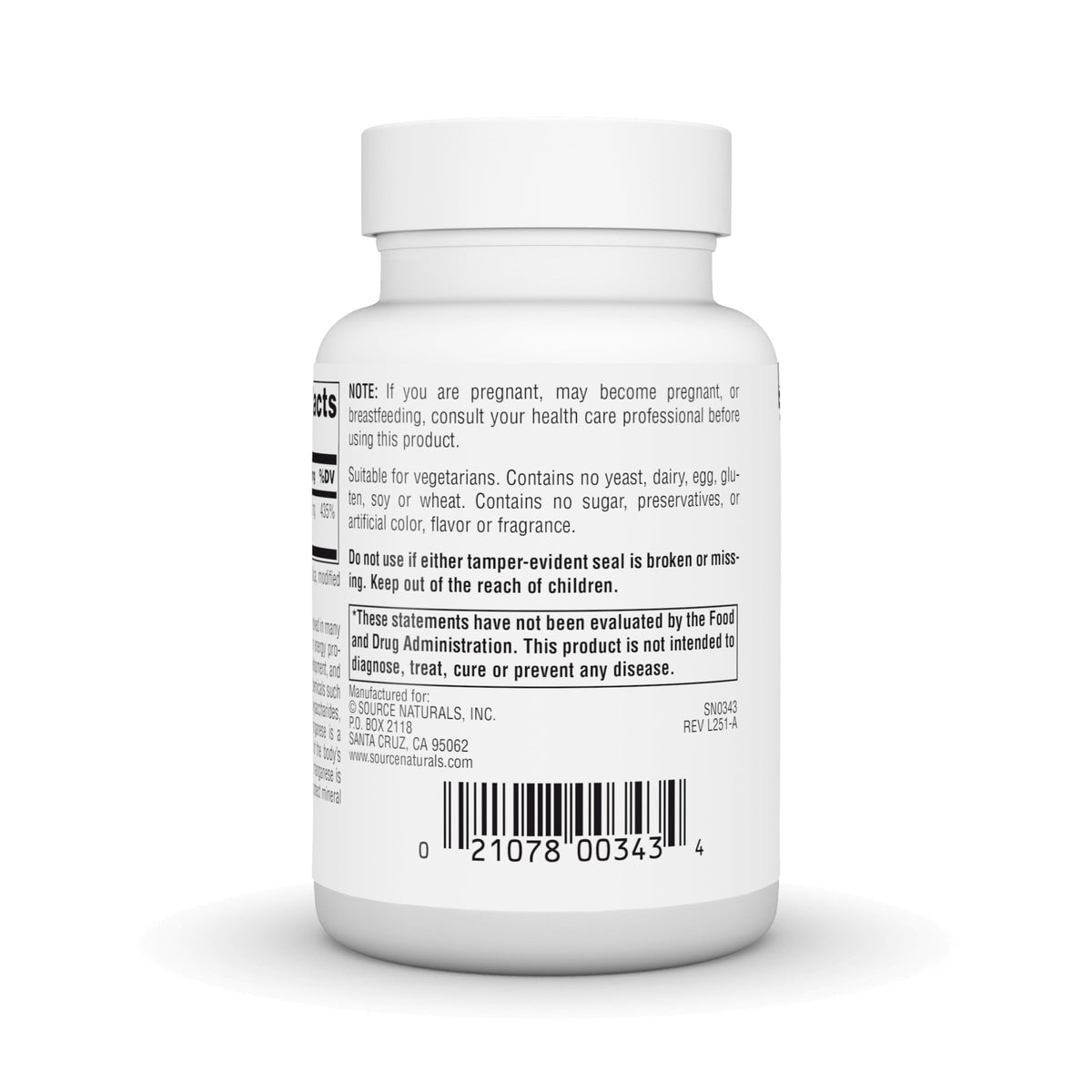 Source Naturals Manganèse 10 mg - arrière de l'emballage