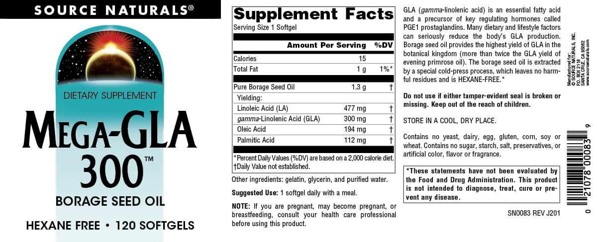 Source Naturals Mega-GLA 300 gélules sur une table