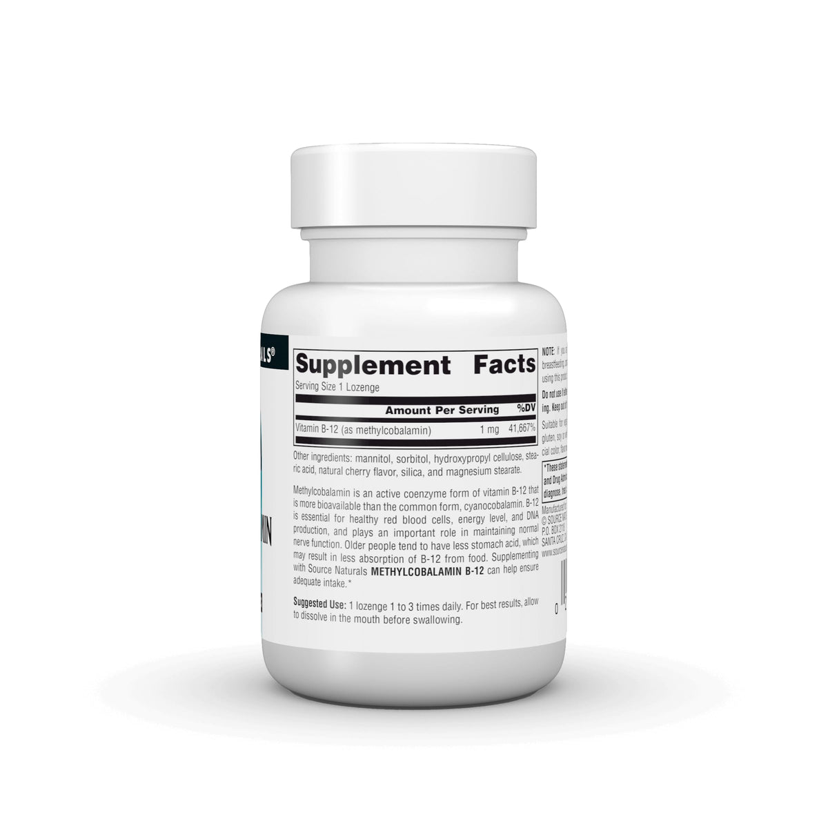 Source Naturals Methylcobalamin B-12 1 mg label details