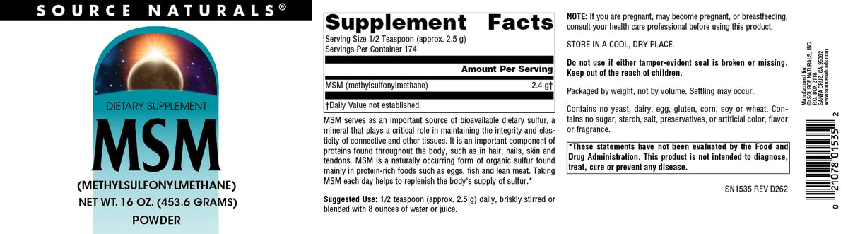Source Naturals MSM poudre 522g dans un verre d'eau