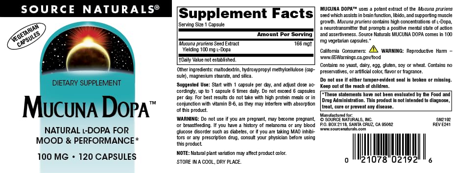 Source Naturals Mucuna Dopa 100 mg avec ingrédients sur l'étiquette