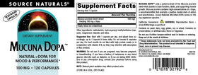 Source Naturals Mucuna Dopa 100 mg avec ingrédients sur l'étiquette