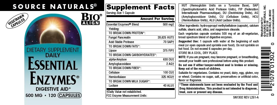 Source Naturals Multi-Enzymes 500 mg capsules avec verre d'eau