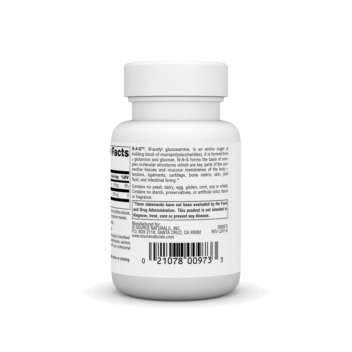 Source Naturals N-A-G 250 mg tablettes sur fond blanc