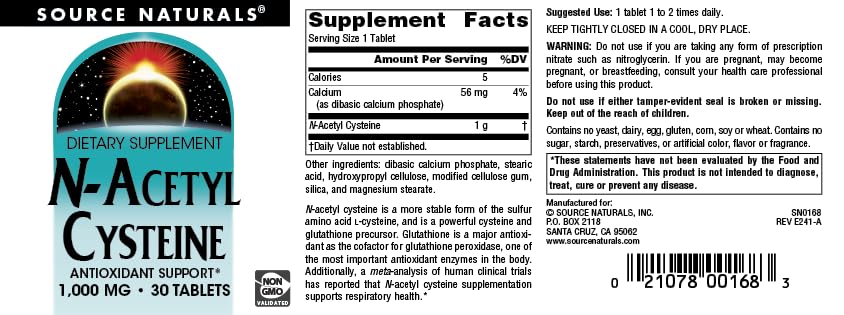 Source Naturals N-Acetyl Cysteine 1000 mg comprimés sur une table