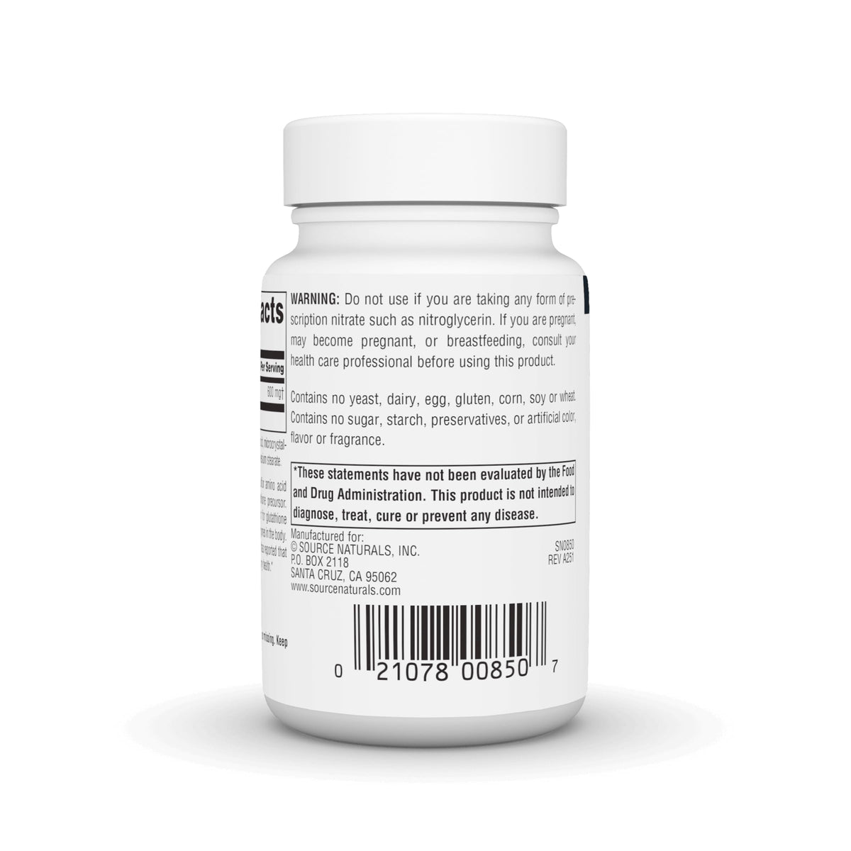 Source Naturals N-Acetyl Cysteine 600mg informations nutritionnelles