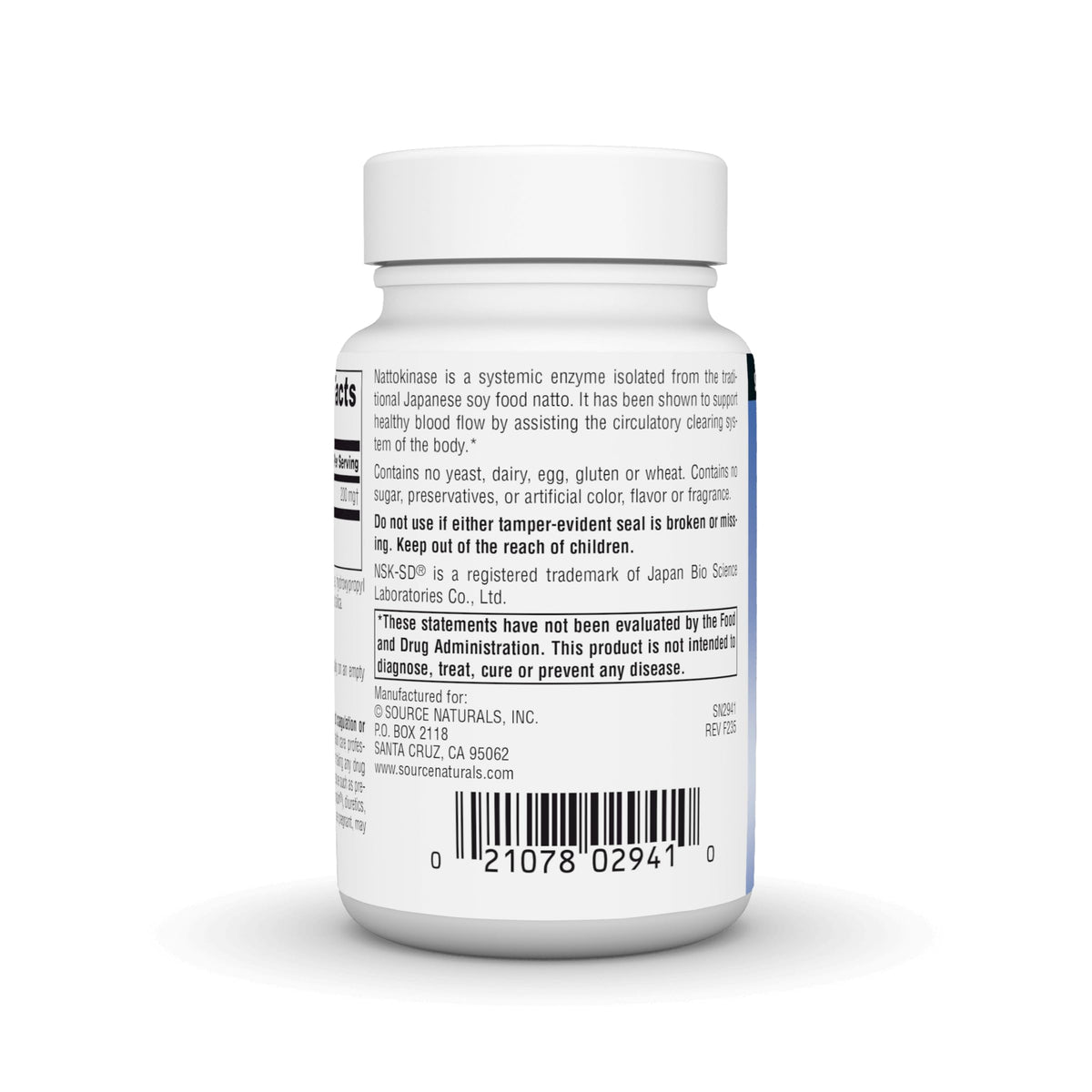 Source Naturals Nattokinase 200 mg 60 Capsules Végétales - ingrédients sur l'emballage