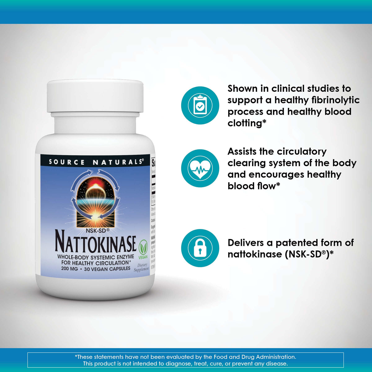 Source Naturals Nattokinase 200 mg, capsule unique sur fond blanc