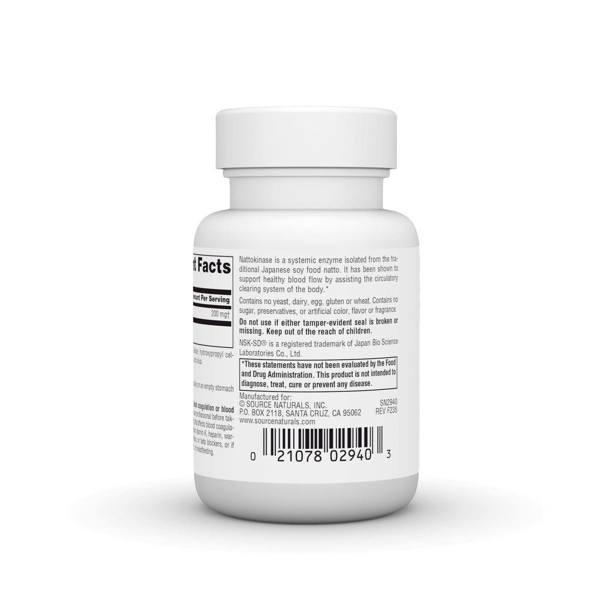Source Naturals Nattokinase 200 mg capsules végétales, vue latérale