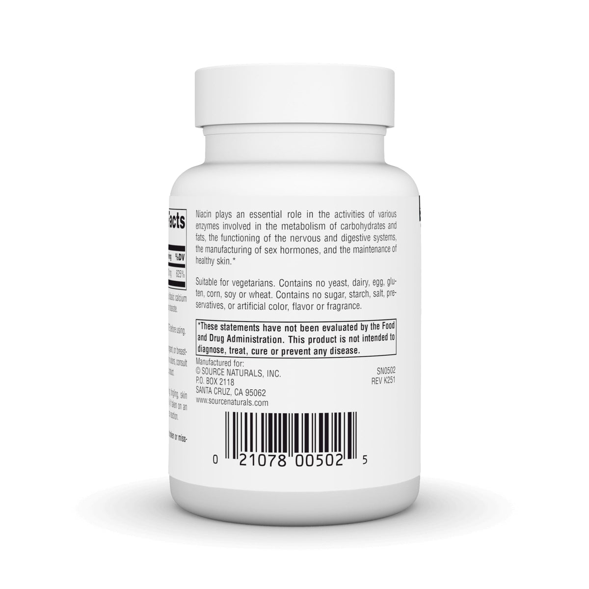 Source Naturals Niacine B-3 100 mg 250 comprimés dos
