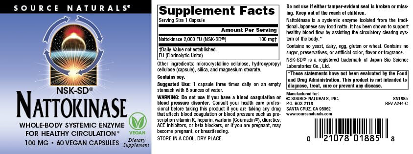 Source Naturals NSK-SD Nattokinase 100 mg gélules végétales avec étiquette