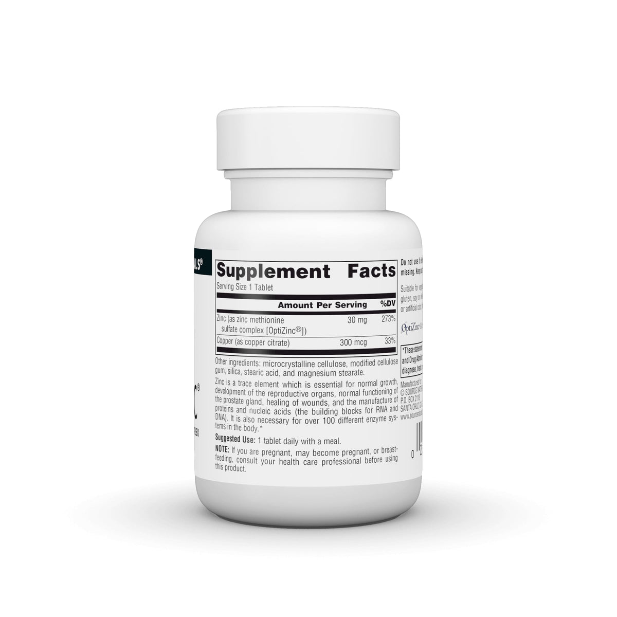 Source Naturals OptiZinc comprimé sur une surface blanche