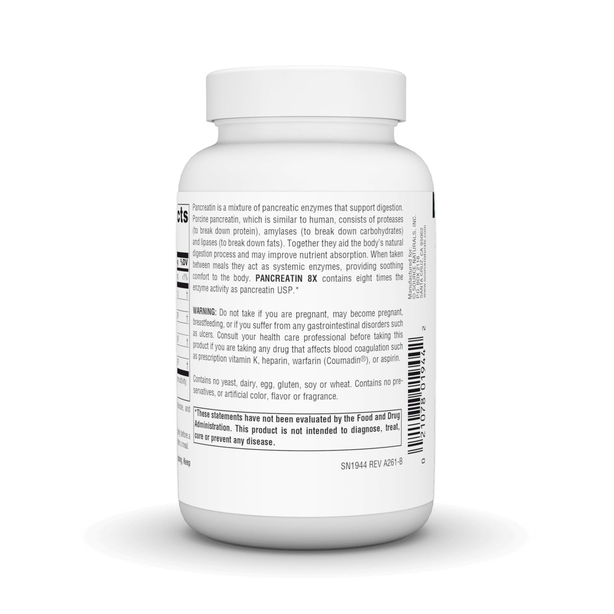 Source Naturals Pancreatin 8X 500 mg capsules in hand
