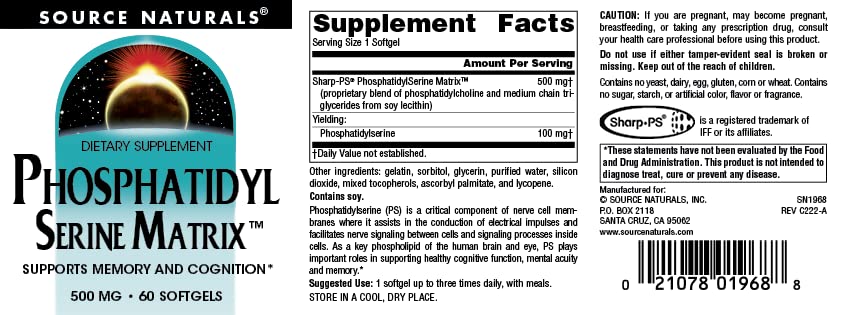 Source Naturals Phosphatidyl Serine Matrix 500mg gélules sur une table
